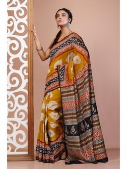 Unnati Silks - Yellow Pure Shibori Bagru Block Printed Chanderi Sico Saree with Unstitched Blouse