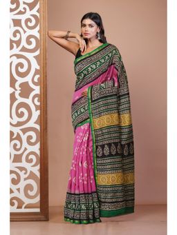 Unnati Silks - Pink Pure Shibori Bagru Block Printed Chanderi Sico Saree with Unstitched Blouse