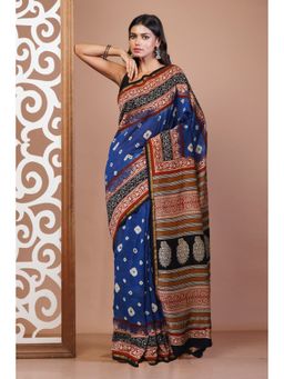 Unnati Silks - Blue Pure Bandhani Bagru Block Printed Chanderi Sico Saree with Unstitched Blouse
