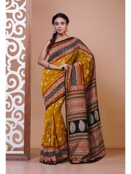 Unnati Silks - Yellow Pure Bandhani Bagru Block Printed Chanderi Sico Saree with Unstitched Blouse