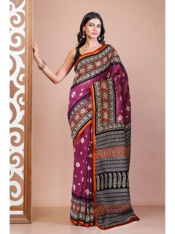 Unnati Silks - Purple Pure Bandhani Bagru Block Printed Chanderi Sico Saree with Unstitched Blouse