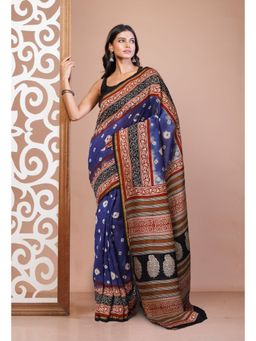 Unnati Silks - Blue Pure Bandhani Bagru Block Printed Chanderi Sico Saree with Unstitched Blouse