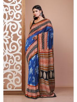 Unnati Silks - Blue Pure Shibori Bagru Block Printed Chanderi Sico Saree with Unstitched Blouse