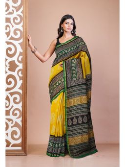 Unnati Silks - Yellow Pure Shibori Bagru Block Printed Chanderi Sico Saree with Unstitched Blouse