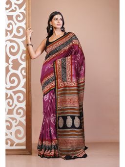 Unnati Silks - Purple Pure Shibori Bagru Block Printed Chanderi Sico Saree with Unstitched Blouse