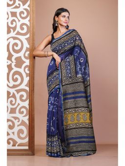Unnati Silks - Blue Pure Shibori Bagru Block Printed Chanderi Sico Saree with Unstitched Blouse