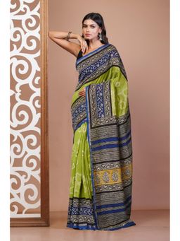 Unnati Silks - Green Pure Shibori Bagru Block Printed Chanderi Sico Saree with Unstitched Blouse