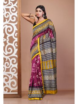 Unnati Silks - Purple Pure Shibori Bagru Block Printed Chanderi Sico Saree with Unstitched Blouse