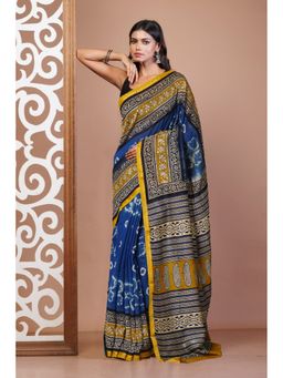 Unnati Silks - Blue Pure Shibori Bagru Block Printed Chanderi Sico Saree with Unstitched Blouse