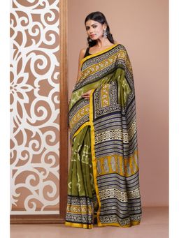 Unnati Silks - Green Pure Shibori Bagru Block Printed Chanderi Sico Saree with Unstitched Blouse