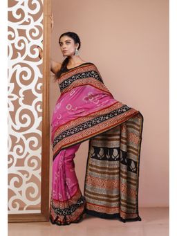Unnati Silks - Pink Pure Shibori Bagru Block Printed Chanderi Sico Saree with Unstitched Blouse
