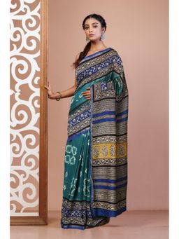 Unnati Silks - Green Pure Shibori Bagru Block Printed Chanderi Sico Saree with Unstitched Blouse