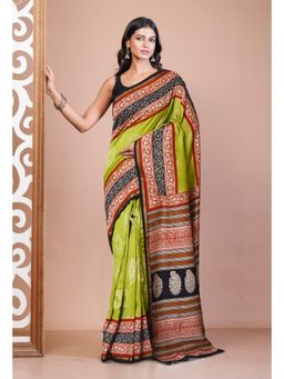 Unnati Silks - Green Pure Shibori Bagru Block Printed Chanderi Sico Saree with Unstitched Blouse