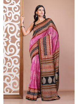Unnati Silks - Pink Pure Shibori Bagru Block Printed Chanderi Sico Saree with Unstitched Blouse