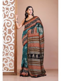 Unnati Silks - Green Pure Shibori Bagru Block Printed Chanderi Sico Saree with Unstitched Blouse