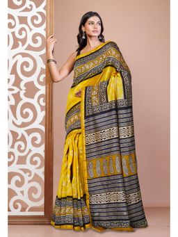 Unnati Silks - Yellow Pure Shibori Bagru Block Printed Chanderi Sico Saree with Unstitched Blouse