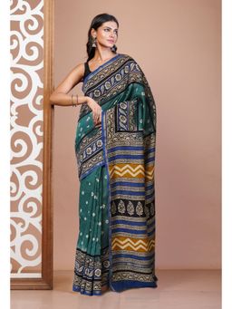 Unnati Silks - Green Pure Bandhani Bagru Block Printed Chanderi Sico Saree with Unstitched Blouse