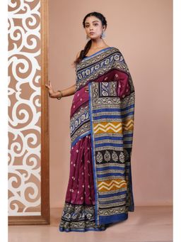 Unnati Silks - Purple Pure Bandhani Bagru Block Printed Chanderi Sico Saree with Unstitched Blouse