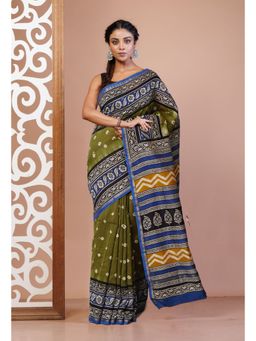 Unnati Silks - Green Pure Bandhani Bagru Block Printed Chanderi Sico Saree with Unstitched Blouse