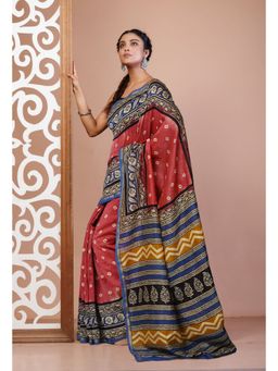 Unnati Silks - Pink Pure Bandhani Bagru Block Printed Chanderi Sico Saree with Unstitched Blouse
