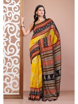 Unnati Silks - Yellow Pure Shibori Bagru Block Printed Chanderi Sico Saree with Unstitched Blouse