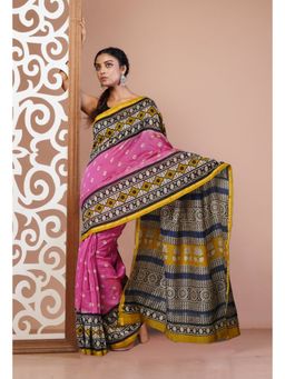 Unnati Silks - Pink Pure Bandhani Bagru Block Printed Chanderi Sico Saree with Unstitched Blouse