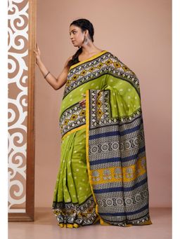 Unnati Silks - Green Pure Bandhani Bagru Block Printed Chanderi Sico Saree with Unstitched Blouse