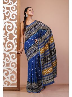 Unnati Silks - Blue Pure Bandhani Bagru Block Printed Chanderi Sico Saree with Unstitched Blouse