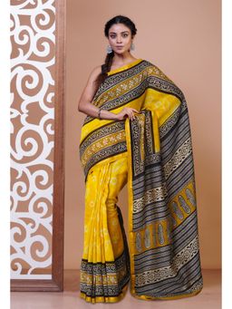 Unnati Silks - Yellow Pure Shibori Bagru Block Printed Chanderi Sico Saree with Unstitched Blouse