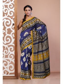 Unnati Silks - Blue Pure Shibori Bagru Block Printed Chanderi Sico Saree with Unstitched Blouse