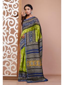 Unnati Silks - Green Pure Shibori Bagru Block Printed Chanderi Sico Saree with Unstitched Blouse