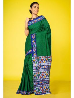 Unnati Silks - Green Pure Hand Block Printed Soft Cotton Saree with Unstitched Blouse