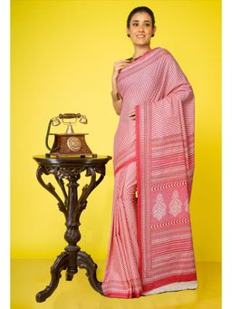 Unnati Silks - Peach Pure Hand Block Printed Soft Cotton Saree with Unstitched Blouse