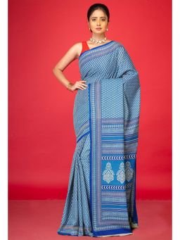 Unnati Silks - Blue Pure Hand Block Printed Soft Cotton Saree with Unstitched Blouse