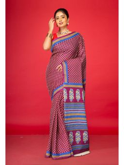 Unnati Silks - Dark Purple Pure Hand Block Printed Soft Cotton Saree with Unstitched Blouse