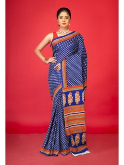 Unnati Silks - Navy Blue Pure Hand Block Printed Soft Cotton Saree with Unstitched Blouse