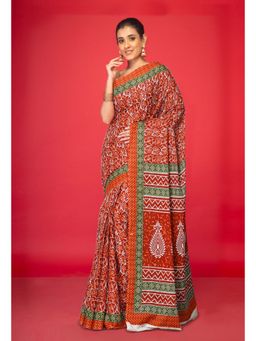 Unnati Silks - Red Pure Hand Block Printed Soft Cotton Saree with Unstitched Blouse