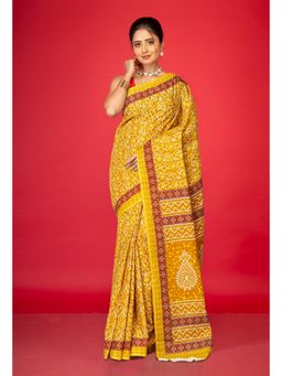 Unnati Silks - Yellow Pure Hand Block Printed Soft Cotton Saree with Unstitched Blouse