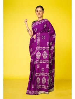 Unnati Silks - Purple Pure Hand Block Printed Soft Cotton Saree with Unstitched Blouse