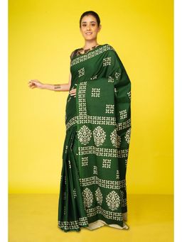 Unnati Silks - Green Pure Hand Block Printed Soft Cotton Saree with Unstitched Blouse
