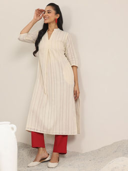 Libas - Off White Woven Design Cotton Straight Kurtas for Women