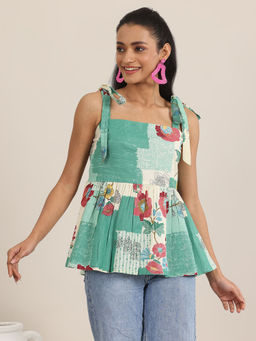 Libas - Green Printed Cotton Anarkali Short Kurtis for Women