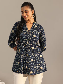 Libas - Blue Printed Rayon Straight Short Kurtis for Women