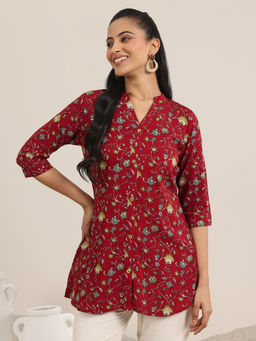 Libas - Red Printed Rayon Straight Short Kurtis for Women