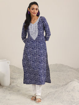 Libas - Indigo Printed Silk Blend Straight Kurtas for Women