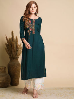 FASHOR - Floral Hand Embroidered Straight Fit Kurta - Teal Green