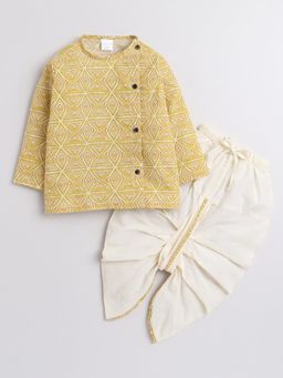 Polka Tots - Full Sleeves Geometrical Print Kurta and Piping Dhoti Yellow (Set of 2)