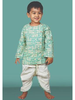 Polka Tots - Geometric Print Angrakha Kurta With Dhoti Cream and Green (Set of 2)