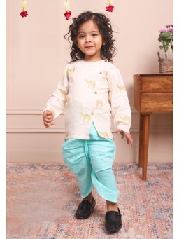 Polka Tots - Full Sleeve Camel Embroidery Angrakha Kurta With Dhoti cream (Set of 2)