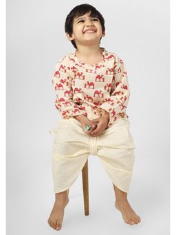 Polka Tots - Full Sleeve Camel Print Angrakha Kurta With Dhoti Cream (Set of 2)